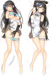 absurdres arm_up black_gloves black_hair blush china_dress chinese_clothes cum cum_on_body dakimakura dress dual_persona elbow_gloves female female_only fingering gloves green_panties highres legs long_hair looking_at_viewer lying masturbation open_mouth original panties panties_removed pussy_juice qipao scan sex_toy shorts taka_tony underwear