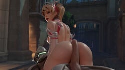 1boy 1girls 3d ass balls bewyx big_ass big_breasts big_penis blonde_hair breasts cybernetics cyborg dark_penis duo female female_on_top gency genji helmet hi_res huge_cock king's_row_(map) male mask masked mercy overwatch penis pink_mercy straight tagme thick_thighs thighs twintails