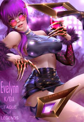 alternate_costume bearwitch big_breasts breasts cleavage evelynn female female_only k/da_evelynn k/da_series large_breasts league_of_legends lipstick looking_at_viewer looking_over_eyewear looking_over_glasses pink-tinted_eyewear solo sunglasses tinted_eyewear