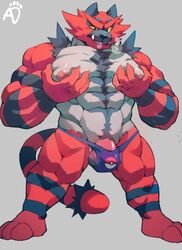 1boy 3_toes abs anthro areola ashendawger barazoku barefoot biceps big_feet big_muscles black_fur body_hair breath chest_hair claws clothed clothing fangs feet feline fur furry green_eyes grey_background grey_fur hand_on_chest heavy_breathing hi_res huge_penis incineroar looking_down male male_only mammal mostly_nude muscular muscular_male nintendo nipples nude paws pec_squeeze pecs penis pokémon_(species) poke_ball pokemon pokemon_sm pubic_hair red_fur sharp_claws sharp_teeth solo source_request speedo standing swimsuit teeth testicles text thick_penis thick_thighs topless triceps underwear veins veiny_penis video_games watermark wrestler yellow_sclera