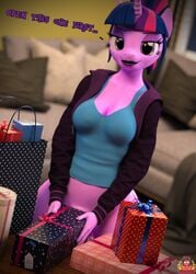 1futa 2018 3d anthro anthrofied bag balls bedroom_eyes bottomless breasts cleavage clothed clothing dick_in_a_box dickgirl equine eyeshadow forsaken_(artist) friendship_is_magic furry futa_only futanari futatwi gift half-closed_eyes hoodie horn inside intersex lipstick looking_at_viewer makeup mammal my_little_pony partial_nudity penis penis_base ponytail seductive shirt sofa solo tank_top twilight_sparkle_(mlp) unicorn