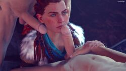 2boys 3d 3d_(artwork) aloy dubious_consent female female_clothed horizon_zero_dawn imminent_handjob imminent_oral irispoplar large_penis looking_up male straight unseen_male_face