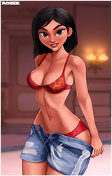 1girls aozee asian asian_female belly black_hair bra breasts brown_eyes clothing disney disney_princess fa_mulan female female_only jeans_shorts looking_at_viewer medium_breasts mulan mulan_(1998_film) navel panties ralph_breaks_the_internet red_bra red_panties red_underwear short_hair short_pants short_shorts smile solo underwear undressing wide_hips wreck-it_ralph