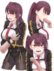 1boy angry bangs black_gloves black_jacket black_legwear black_skirt blush braid breast_grab censored chest_strap collared_shirt cropped_jacket cum cum_in_mouth disembodied_limb disembodied_penis dress_shirt eyebrows_visible_through_hair fellatio female french_braid girls'_frontline gloves grabbing guided_breast_grab hair_ribbon high-waist_skirt highres jacket long_hair long_sleeves looking_at_viewer mosaic_censoring multiple_views necktie one_side_up open_mouth oral pantyhose penis purple_hair red_eyes red_neckwear red_ribbon ribbon shirt skirt springveiv straight testicles tsundere wa2000_(girls'_frontline) white_shirt