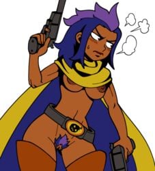 1girls areolae belt blush boots bottomless cloak dark-skinned_female dark_skin embarrassed enter_the_gungeon female functionally_nude mostly_nude nipple pubic_hair purple_pubic_hair revolver shamefuldisplay shamefuldrew solo tagme the_hunter_(enter_the_gungeon) topless underboob yellow_cloak