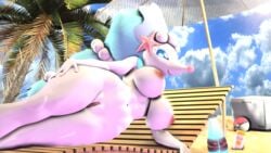 3d beach beach_umbrella big_breasts blue_eyes breasts cloud day female hair mammal nintendo nude palm_tree pervertguy341 pokéball pokémon_(species) pokemon primarina pussy seaside solo source_filmmaker tree video_games