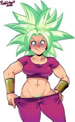 1girls blonde_hair breasts dragon_ball dragon_ball_super female fusion green_hair half-shirt kefla legendary_super_saiyan light-skinned_female light_skin pants_pull pubic_hair pubic_hair_peek radlionheart saiyan solo spiky_hair super_saiyan super_saiyan_2