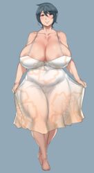 1girls areola_slip areolae ass bare_shoulders barefoot bbw belly blue_background blue_hair blush bottomless breasts brown_eyes busty cameltoe chubby cleavage cleft_of_venus clothes collar_bone curvy dress eyelashes feet female female_only full_body full_cleavage half-closed_eyes huge_ass huge_breasts human hyper hyper_breasts lingerie looking_at_viewer milf natedecock natsumi_(natedecock) navel nightie no_panties original_character plump_labia pussy see-through short_hair sideboob simple_background sketch slightly_chubby smile solo standing subtle_pussy thick_thighs toes venus_body voluptuous wide_hips