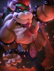 2020 anthro armband biceps big_penis bowser bowser_day castle chest_hair choker claws drawller erection facial_hair fangs genitals goatee grin hair happy_trail hi_res high-angle_view horn jewelry koopa lava looking_at_viewer male male_only mario_(series) musclegut muscular muscular_anthro muscular_male necklace nintendo nipples nude open_mouth pecs penis pubes quads red_eyes red_hair scales scalie sharp_teeth shell smile solo solo_male spikes super_mario_bros. teeth toe_claws triceps vein veiny_penis video_games wristband