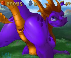 1boy 2018 anatomically_correct animal_genitalia ass barefoot bedroom_eyes claws cloaca dew_dragon dewdragondesigns dragon egg feral flower gameplay_mechanics gem grass half-closed_eyes horn hud looking_back male outside plant presenting purple_eyes scales scalie seductive slit solo spread_legs spreading spyro spyro_the_dragon text video_games western_dragon