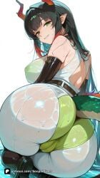 1girl ai_generated arknights arknights:_endfield artist_name ass ass_focus bangs bare_shoulders black_gloves black_hair breasts cameltoe covered_nipples elbow_gloves from_behind gloves green_eyes horns huge_ass large_breasts long_hair looking_at_viewer looking_back multicolored_hair parted_lips patreon pointy_ears questionable red_hair senpai_pixels simple_background smile solo tail wet wet_clothes white_background zhuang_fangyi_(arknights) zhuang_fangyi_(arknights:_endfield)