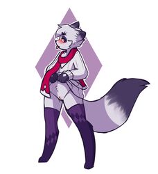 anthro black_fur blush canine clothed clothing clothing_lift cuntboy cuntboy_only dust(mewgle) fox fur furry furry_only intersex mammal mewgle no_humans purple_eyes pussy scarf shirt shirt_lift solo standing white_fur