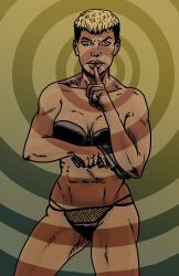 abs blonde_hair dark-skinned_female dark_skin dc dc_comics female fit fit_female groin gun handgun hip_dips hips honor_guest hushing looking_at_viewer obscure_character panties shh short_hair solo solo_male the_silencer toned toned_female turkenjamez underwear
