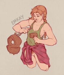 1girls 2d artist_name blue_eyes bottomless bottomless_female braid braided_hair braided_ponytail carving clothes_around_waist color emkay_does_art female female_only green_tank_top hammer holding holding_chisel holding_hammer leah_(stardew_valley) no_panties orange_hair orange_pubic_hair plaid_clothes plaid_shirt pussy shirt shirt_around_waist simple_background single_braid solo stardew_valley tank_top vagina watermark wood_art wood_carving