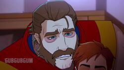 1girls 2d 2d_animation 3boys abs accurate_art_style animated anthro bara bat beard bench black_hair blue_eyes blush brown_eyes brown_hair censored daddy dilf dispatch_(game) eyebags female freckles gameplay_mechanics gay gubgubgum hairy hairy_legs hairy_male height_difference highres humor indoors invisigal light-skinned_male light_skin locker_room male male/male muscular muscular_male nipples parody phenomaman robert_robertson shocked_expression short_hair singing size_difference sonar_(dispatch) sound sweat sweating tagme tomboy towel towel_only video voice_acted voyeur voyeurism wholesome wholesome_sex yaoi yaoi_with_female_audience yaoi_with_male_audience