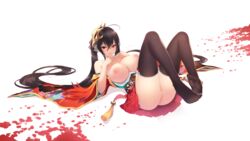 azur_lane black_hair breasts cait feet japanese_clothes nipples no_bra open_shirt pussy taihou_(azur_lane) thighhighs thong