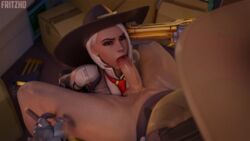 1boy 1girls 3d ashe_(overwatch) big_penis blender bottomless clothed clothes clothing cole_cassidy cowboy_hat erection fellatio female fritzhq gun gun_to_head hat large_penis looking_up male mole oral overwatch pale-skinned_male pale_skin penis revolver straight white_skin