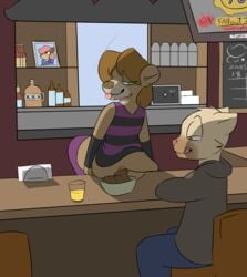 alcohol alondight anthro armwear ass bar beverage clothing detailed_background feces feline fur girly green_eyes hair hi_res legwear male mammal mustelid otter scat thigh_highs tongue tongue_out zadirtybish