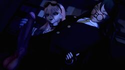 3d animated being_watched big_balls big_penis blonde_hair blushing danganronpa dark-skinned_male dark_penis embarrassed flustered gloves gokuhara_gonta green_hair iruma_miu marcovee4 masturbation new_danganronpa_v3 night no_sound smile smiling smooth_skin source_filmmaker video