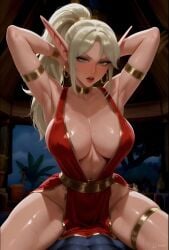 1male ai_generated animated big_breasts blonde_hair blood_elf bouncing bouncing_breasts cleavage clothed_sex elf elf_female gold_jewelry green_eyes half-lidded_eyes hands_behind_head huge_breasts interracial large_breasts perfect_body ponytail pov riding straight sultry_eyes tagme video warcraft world_of_warcraft zandalari_troll