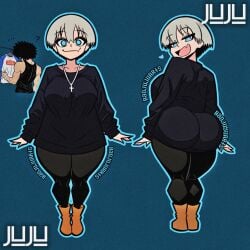 1boy 1girls 2d 2d_(artwork) ass background_character badjujuarts big_ass big_breasts boyfriends_shirt breasts bubble_ass bubble_butt clothed clothed_female clothing color colored cross_necklace fang fat_ass female female_focus large_ass male necklace oerba_yun_fang open_mouth open_smile shortstack skin_fang smug smug_face standing thick_thighs thighs uzaki-chan_wa_asobitai! uzaki_hana voluptuous voluptuous_female watermark wearing_others_clothes wide_hips wide_thighs