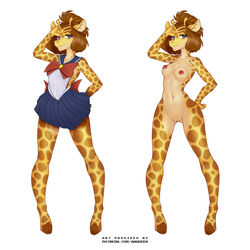 amadeen anthro bishoujo_senshi_sailor_moon breasts celine_louison clothing cosplay female giraffe giraffid hair mammal nipple_piercing off/on pose sailor_suit skirt small_breasts solo