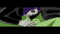 1boy 1girls animated beast_boy blowjob cartoon_network cum_in_mouth dc_comics expressionless femdom footjob green_skin grey_skin leotard purple_hair raven_(dc) soles sound teen_titans video