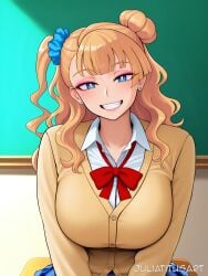 ai_generated artist_name asymmetrical_hair bangs blonde_hair blue_eyes bow bowtie breasts cardigan chalkboard classroom desk earrings eyeliner eyeshadow female galko grin gyaru hair_bun hair_ornament hair_scrunchie indoors jewelry juliatitusart kogal large_breasts long_hair looking_at_viewer makeup one_side_up plaid plaid_skirt school_desk school_uniform scrunchie shirt single_side_bun sitting skirt smile solo stud_earrings teeth