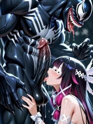 ai_assisted ai_generated anthro black_body black_hair closed_eyes columbina_(genshin_impact) crossover crossover_sex duo eastern_and_western_character female genshin_impact male marvel marvel_comics penis spider-man_(series) sweaty venom venom_(marvel) wings wings_on_head