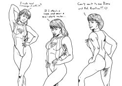 armpits arms_up ass ass_cheeks ass_focus black_and_white broken_english dc dc_comics english english_text female groin kara_zor-el legs leotard monochrome pose revealing_clothes sleeveless supergirl supergirl_(series) superheroine superman_(series) text thinking trying_on_clothes turkenjamez
