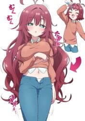 100_kanojo 1girls age_progression aged_up ahoge arm_under_breasts artist_request belly_button big_boobs big_breasts blue_pants blush blush_lines blushed_face blushing blushing_female boobs breasts drinking drinking_potion female female_focus female_only hand_under_breasts japanese japanese_female japanese_text kimi_no_koto_ga_dai_dai_dai_dai_daisuki_na_100-nin_no_kanojo long_hair long_hair_female nipples nipples_bulge nipples_visible_through_clothing no_bra no_bra_under_clothes open_pants red_hair red_hair_female short_hair short_hair_female sweater sweater_vest tagme unbuttoned unbuttoned_pants white_background yakuzen_kusuri