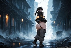1girl ahoge ai_assisted ai_generated ass bangs black_footwear black_hair black_panties boots breasts building city curvaceous curvy curvy_female curvy_figure en'en_no_shouboutai enen_no_shouboutai female fire_force from_behind full_body gloves highleg holding jacket kotatsu long_hair looking_at_viewer looking_back miyuai outdoors panties ponytail puddle rain solo standing tamaki tamaki_kotatsu thick thick_ass thick_butt thick_hips thick_legs thick_thighs thighhighs thighs thong umbrella underwear voluptuous voluptuous_female wide_hips wide_thighs yellow_eyes
