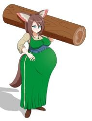 brown_eyes dress fox_ears fox_girl fox_tail furry green_dress humanoid lernana_6 log pregnancy pregnant pregnant_belly pregnant_female pregnant_with_multiples