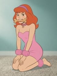 1girls 2d ai_generated ankle_cuffs bone bone_in_mouth collar daphne_blake kneeling looking_at_viewer minidress pet_collar pet_play petgirl petplay pink_dress scooby-doo strapless strapless_dress wrist_cuffs