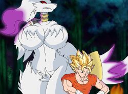 angry dragon_ball dragon_ball_super fire forest furry male/female night pokemon reshiram vegetto