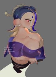 1girls bare_shoulders big_breasts black_pants blue_hair breasts cleavage female giddypear huge_breasts large_breasts looking_at_viewer nintendo octoling pants red_eyes shiver_(splatoon) side_eye side_eye_at_viewer solo splatoon splatoon_(series) splatoon_3 tentacle_hair