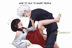 1boy 1girl blush blush_lines chocorutt english_text female fuming gojou_satoru how_to_talk_to_short_people imminent_sex jujutsu_kaisen leg_lift male male/female meme satoru_gojo sheet_grab shirt_grab straight suggestive suggestive_pose utahime_iori white_hair