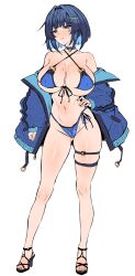 bikini bikini_under_clothes blue_hair breasts choker colored_inner_hair commentary_request covered_erect_nipples expressionless facial_mark female hair_ornament hand_on_own_hip high_heels highres jacket micro_bikini mole mole_on_breast multicolored_hair open_clothes open_jacket original short_hair solo swimsuit thigh_strap wakura_(gcdan) white_background x_hair_ornament