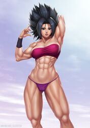 abs black_eyes black_hair breasts caulifla cleavage dragon_ball dragon_ball_super elee0228 female female_only light-skinned_female light_skin long_hair looking_at_viewer muscles muscular muscular_female muscular_woman onewasho saiyan solo spiky_hair