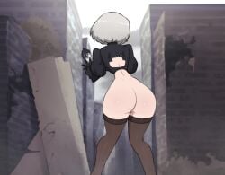 1girls animated ass black_headband black_visor blue_eyes bobcut butt exposed_pussy gurumo headband legs light-skinned_female light_skin naked naked_female nier nier:_automata outdoors puffy_sleeves pussy ruined_city shaking_ass shaking_butt shaking_hips shiny_skin tagme thighhighs thighs video visor white_hair yorha_2b