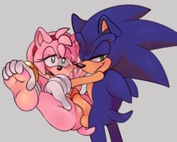 amy_rose anthro balls cum duo eulipotyphlan feet female fiinel glans hedgehog looking_at_viewer male mammal nude penis pussyjob sex small_breasts smiling_at_viewer sonic_(series) sonic_the_hedgehog straight