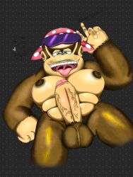 1boy 2025 2026 abs anthro balls ballsack bandana bisexual bodybuilder breasts brown_fur buff cock dick donkey_kong_(series) eyewear_on_head flirting funky_kong furry gay giant_penis glossy gorilla hat male male_focus male_only mario_(series) nipples oiled peace_sign sunglasses talking_to_viewer thick_thighs titties tongue_out veiny_penis