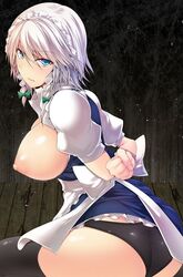 apron arms_behind_back ass black_legwear black_panties blue_eyes blush bondage bound bound_arms braid breasts breasts_out clenched_hands female large_breasts looking_at_viewer maid_apron maid_headdress nipples open_mouth panties sakuya_izayoi short_hair short_sleeves silver_hair solo thighhighs touhou twin_braids underwear wooden_floor yamaiso