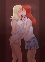 2girls aged_up blonde_hair disney female groping kairi kingdom_hearts kissing namine red_hair school_uniform square_enix tongue_kiss yuri