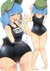 back_turned blue_eyes blue_hair blue_swimsuit blush breasts discreet_vibrator female flanvia hair_bobbles hair_ornament hat highres kappa large_breasts long_hair looking_at_viewer medium_hair more_revealing_backside name_tag new_school_swimsuit nitori_kawashiro object_insertion one-piece_swimsuit pussy_juice school_swimsuit short_twintails solo sweat swimsuit textless tokin_hat touhou twintails two_side_up vaginal_object_insertion vaginal_penetration vibrator vibrator_under_clothes