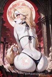 ai_generated artist_name ass ass_focus back bare_shoulders bikini black_bikini black_lips black_nails blonde_hair blush blush_stickers breasts charlie_morningstar_(hazbin_hotel) choker cloud colored_sclera colored_skin cross eyeshadow female from_behind full_moon hazbin_hotel holding holding_hair huge_ass jewelry kisstaurus lipstick long_hair looking_at_viewer looking_back low-tied_long_hair makeup moon nail_polish night open_mouth orange_eyes outdoors parted_lips patreon_logo patreon_username petite petite_body petite_female pool red_eyes red_moon red_sky shiny_skin sitting sky smile solo sweat sweatdrop swimsuit tattoo thighs thong thong_bikini vampire very_long_hair water wet wet_body yellow_eyes yellow_sclera