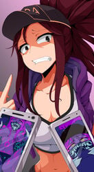 absurdres akali akali_jhomen_tethi alternate_costume angry baseball_cap black_eyes black_panties breasts brown_hair cellphone cleavage clenched_teeth clothed_sex crop_top cropped_jacket double_handjob erection face_mask fangs female glowing half-closed_eyes handjob hat highres idol image_comparison juxtaposition k/da_akali k/da_series large_breasts league_of_legends mask middle_finger midriff navel nipples panties panties_aside penis phone ponytail pussy rolling_eyes sex smartphone solo_focus spread_legs teeth underwear vaginal_penetration yellow_eyes