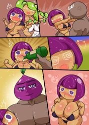 aged_up alcohol alcohol_bottle big_breasts bikini blush cookie_run cookie_run_kingdom drunk female flag_(artist) force_drinking hallucination huge_breasts intoxicated lime_cookie onion_cookie purple_hair shortstack tagme young