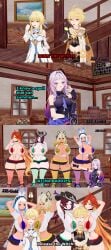 1boy 6girls aether_(genshin_impact) big_breasts bimbo breast_smother brother_and_sister cat_ears cat_tail chasca_(genshin_impact) citlali_(genshin_impact) comedy dialogue english_text fishnets genshin_impact gstring gyaru hat hoyoverse huge_breasts jjzgod koikatsu lumine_(genshin_impact) mavuika_(genshin_impact) meme micro_bikini mihoyo mualani_(genshin_impact) multiple_girls opened_shirt school_uniform tan_skin text xilonen_(genshin_impact)