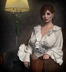 1girls 2021 3d brown_hair clothed clothing earrings female female_only green_eyes indoors klon lipstick looking_at_viewer mature mature_female milf nipple_bulge nipples_visible_through_clothing no_bra red_lipstick seated shirt sitting solo solo_female white_shirt